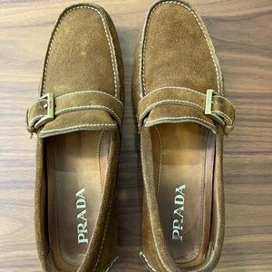 Prada men’s brown suede buckle loafers
